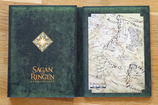 Lord of the rings DVD movie with map over middle earth. First part called The Fellowship of the Ring.