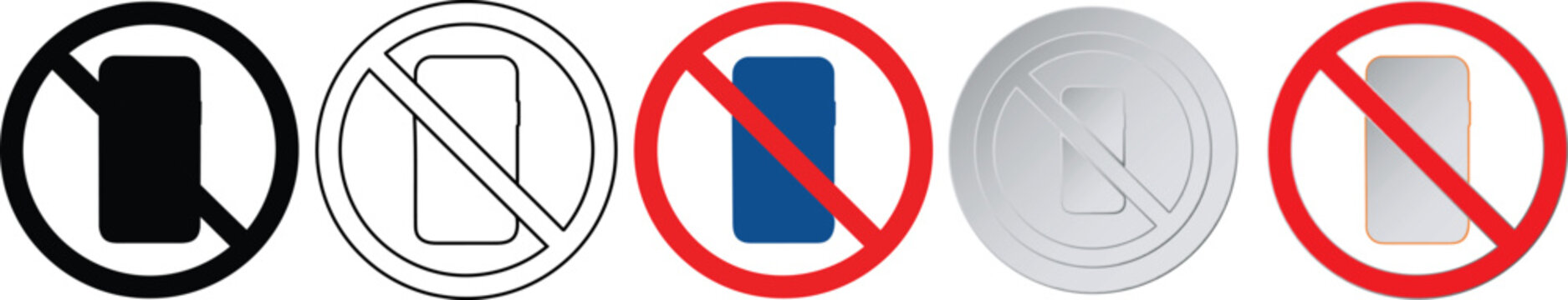 Set of five different no mobile phone signs