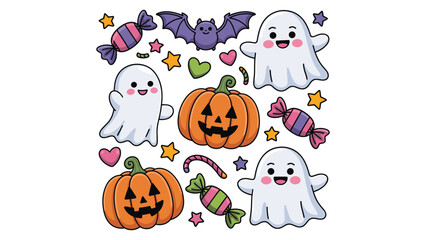 Fototapeta premium Cute halloween sticker featuring smiling ghosts, jack o lantern pumpkins, purple bats, colorful candy, stars, hearts on background
