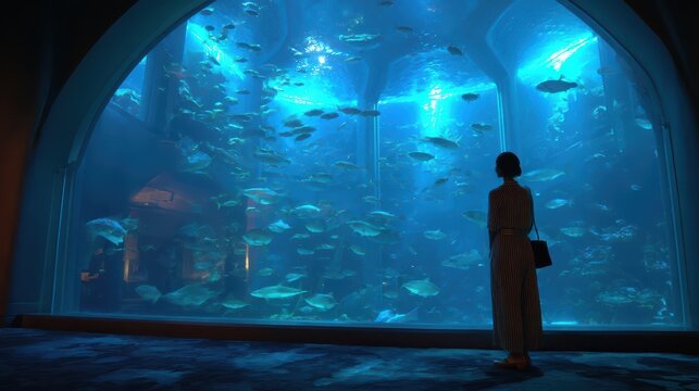 Huge aquarium with bioluminescent fish, futuristic underwater glow