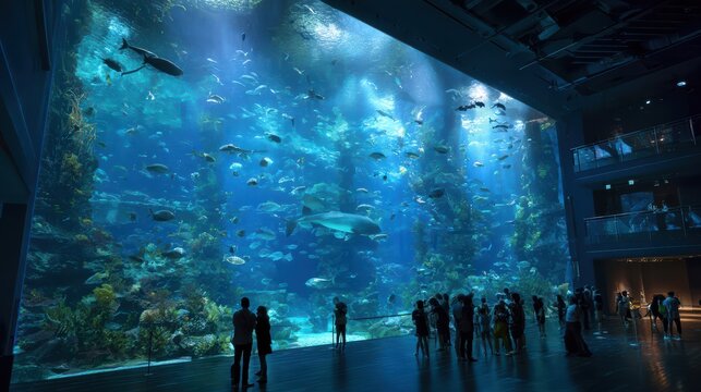 Massive aquarium with sharks swimming close to glass, dramatic realism