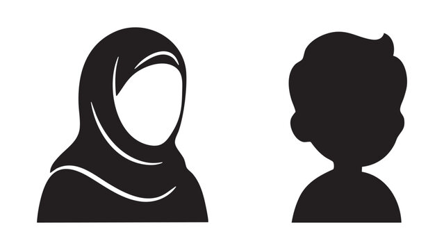 Silhouettes of a woman wearing a hijab and a child face a white background