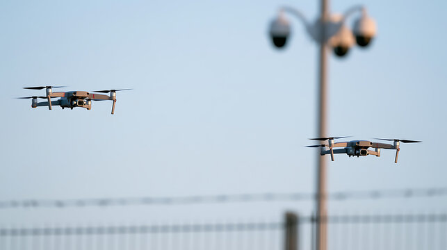Two modern quadcopter drones hover in the clear blue sky near security cameras and a fence, capturing aerial surveillance and public safety