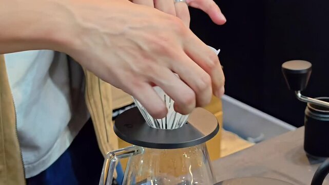 Barista applying drip coffee filter then pouring hot water, Cafe Drink Brewing, Beverage Making Tool, Morning Caffeine