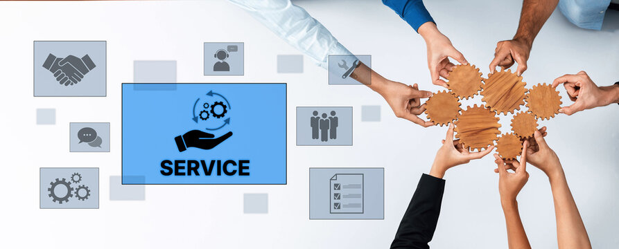 Hands gather around gears and icons, illustrating collaboration and service concept in business, emphasizing partnership, teamwork, and innovative solutions for success. Trope