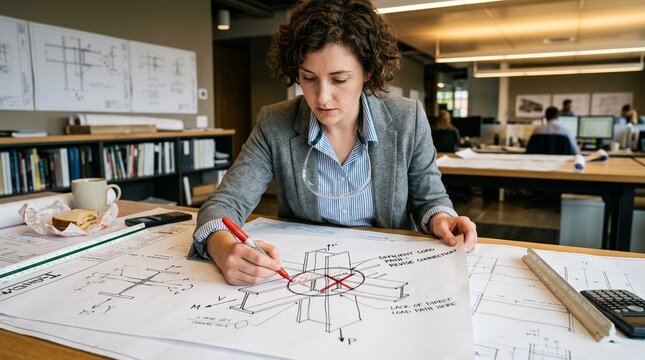 Structural engineer marking a load path deficiency on a beam sketch for a structural damage assessment