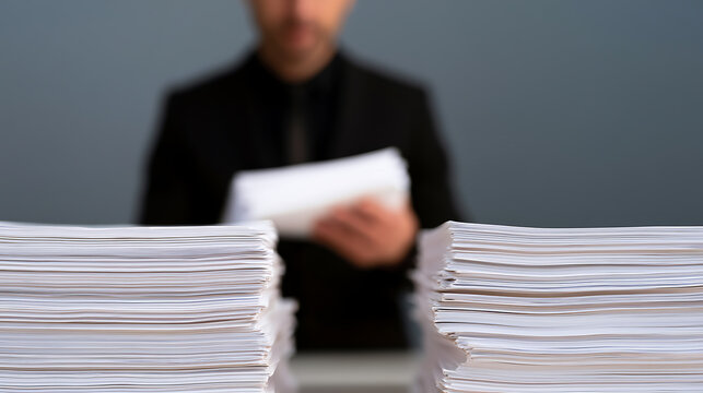 A focused professional person review stack of document paperwork at office desk with piles of paper sheets in corporate administrative work