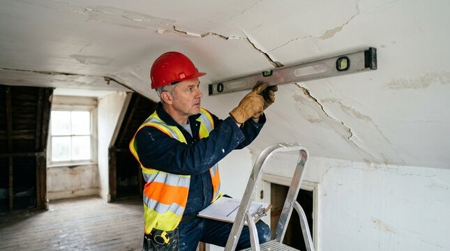Structural engineer surveying a cracked ceiling with a level for a structural damage assessment