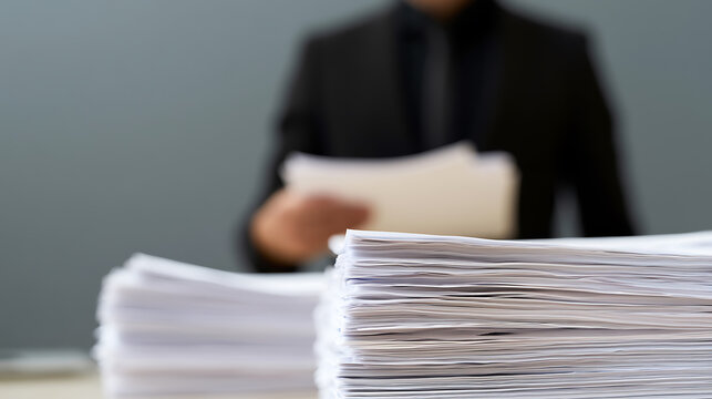 Business professional review stack of paperwork document on desk in office corporate workplace setting focus on paper work management task job