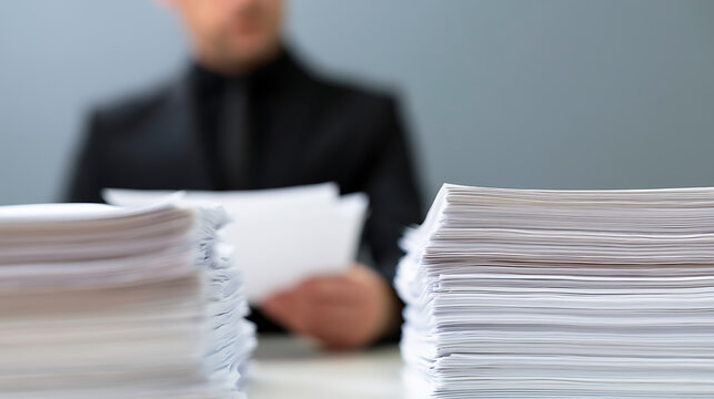 Business professional sit at desk with large stack of paper document pile in modern office environment representing corporate task work load