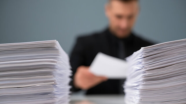 Business man work hard at office desk with stack of paper document pile file overload stress deadline bureaucrat administration corporate work