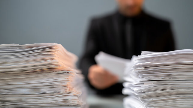 Business professional sit behind tall stacks of paper documents in office, manage corporate workload, review report and sign contract file