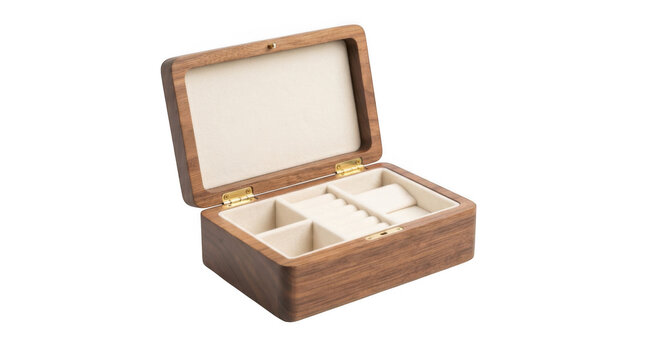 Empty wooden jewelry box with velvet lining isolated on transparent background