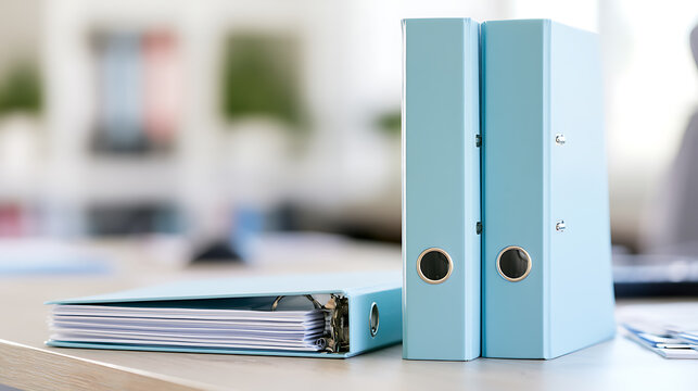 Light blue office binders and paper document folders stand upright and lie flat on a wooden desk inside a corporate business work space