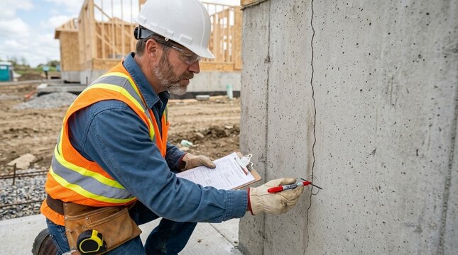 Structural inspector marking a foundation crack's endpoint for a structural damage assessment