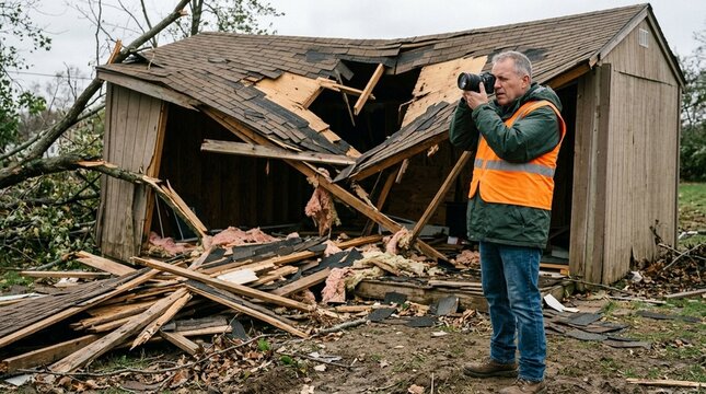 Property inspector photographing a caved shed roof after a windstorm for a roof damage insurance claim