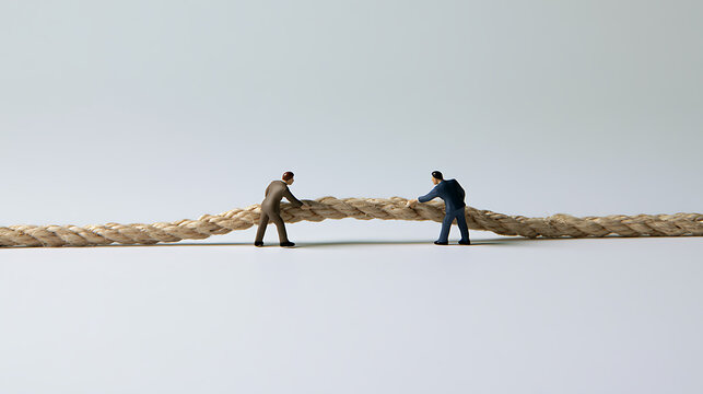Miniature figurines of businessmen pull a thick rope against a plain white background, symbolizing business challenge, effort, and team work