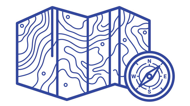 Folded blue topographic map graphic design with an integrated navigation compass icon for outdoor travel exploration