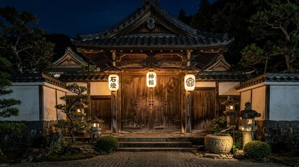 Fototapeta premium Traditional Japanese wooden gate entrance at night with glowing paper lanterns and stone lanterns in a zen garden