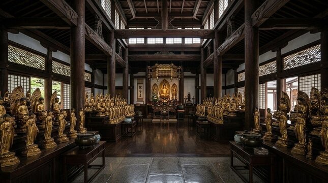 Interior of a traditional Japanese Buddhist temple hall featuring rows of golden Buddha statues and wooden architecture