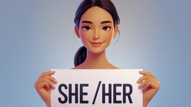 Non-binary person holds poster with new pronouns She Her, reflect gender identity AI Generative