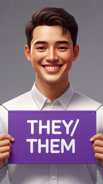 Non-binary person holds poster with new pronouns They Them, reflect gender identity AI Generative