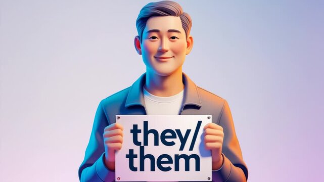 Non-binary person holds poster with new pronouns They Them, reflect gender identity AI Generative