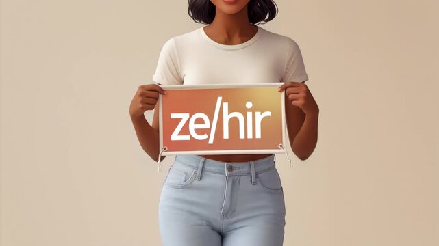 Non-binary person holds poster with new pronouns Ze Hir, reflect gender identity AI Generative