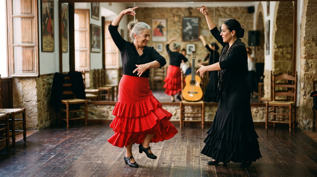 Two women dancing flamenco in a studio with a guitar and mirrors