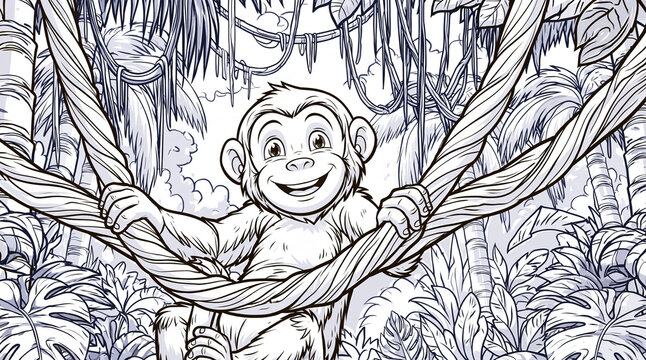 coloring book page style illustration featuring a cheerful young monkey swinging on a vine in a tropical jungle