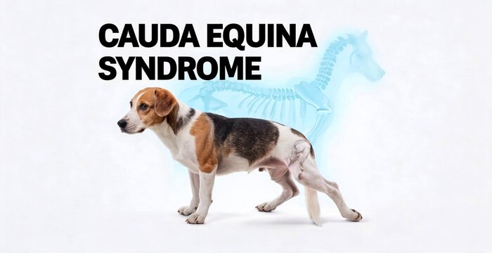Cauda Equina Syndrome illustrated with a dog and skeletal overlay.