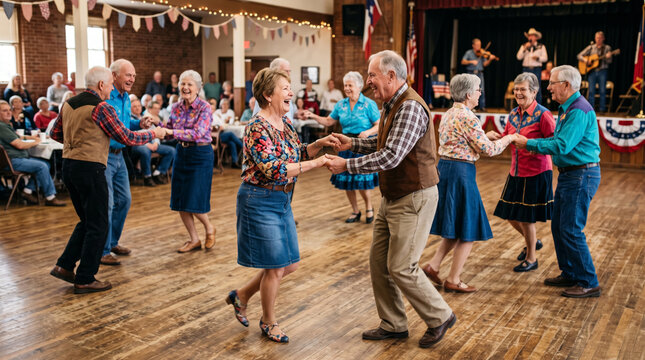Seniors Enjoying Square Dancing at a Community Event with Live Music