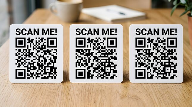 QR Code Scan Me Tabletop Signs on Caf&eacute; Counter for Digital Menu and Customer Engagement