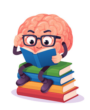 A smiling cartoon brain adjusts its glasses while reading an open blue book, seated on a colorful stack of books against a white background. Vector mascot represents learning and concentration