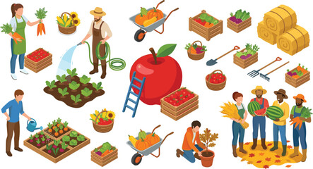 Fototapeta premium Isometric Farmers Market and Agriculture Vector Set Featuring Farmers Harvesting Crops, Raised Garden Beds, Fresh Vegetables, Wheelbarrows, and Hay Bales for Organic Farming Designs