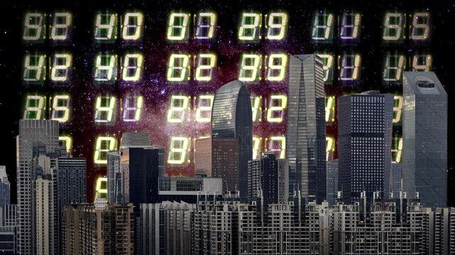 Chongqing cyberpunk city skyline with time and clocks numbers in the sky