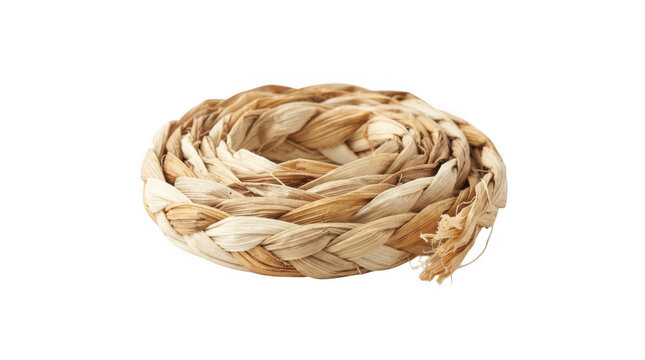 Braided natural raffia rope coil isolated on transparent background