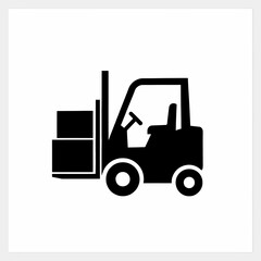 Naklejka premium Black silhouette icon of a warehouse forklift carrying stacked boxes