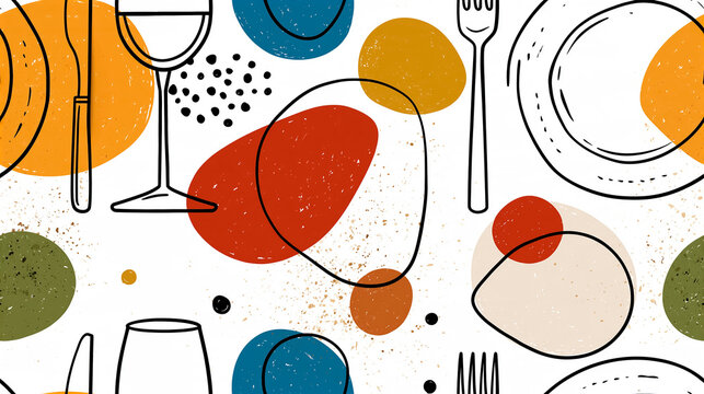 Seamless pattern: plate, fork, knife, wine glass