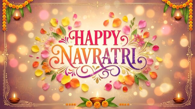 Happy navratri elegant calligraphy with flower petals and bokeh