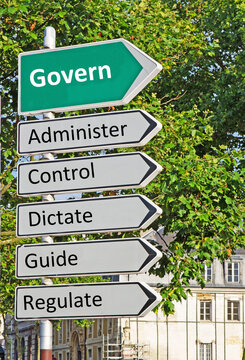 A concept road sign pointing in the direction of 'Govern' with some descriptive words underneath