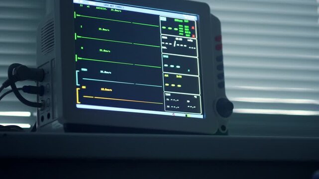 Close up of intensive care unit monitor displaying medical data and patient status
