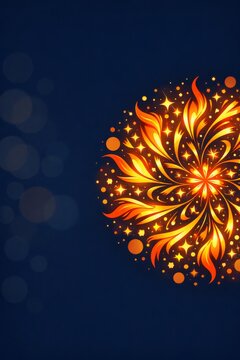 Ornamental floral fire mandala with glowing orange petals on dark blue background for decorative wallpaper and poster design