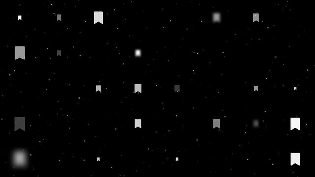 Template animation of evenly spaced bookmark symbols of different sizes and opacity. Animation of transparency and size. Seamless looped 4k animation on black background with stars