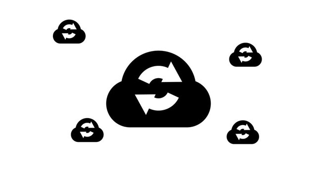 Zoom in and out animation the cloud sync symbol. Large black symbol in the center and four small symbols around. Seamless looped 4k animation on white background