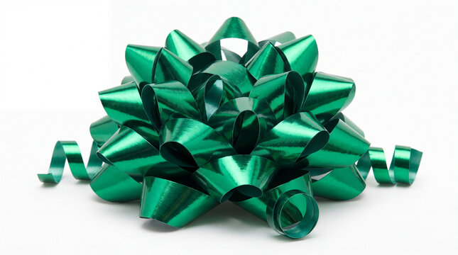 a shiny emerald gift bow made of metallic looped ribbon sits centered against a plain white backdrop ready for a festive holiday package