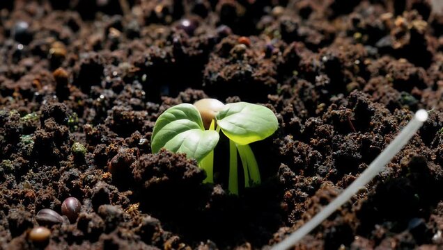 Fascinating 4K agricultural time-lapse video tracking a bean seed sprouting and growing rapidly out of dark soil against a black background demonstrating plant germination and botanical development