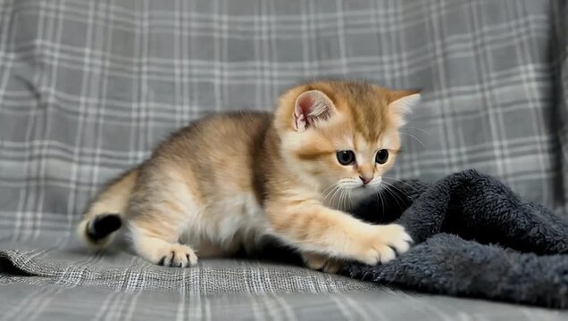 Melt hearts with playful 4K close-up footage of an adorable Scottish kitten which captures the young feline interacting charmingly with a gray plaid blanket emphasizing its soft fur textures