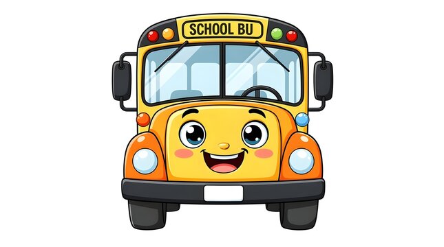 School bus cartoon vehicle smiles with happy face in front view.