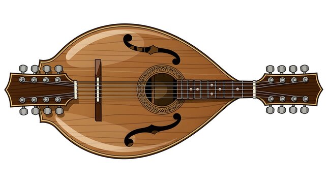 Mandolin folk musical instrument with wooden body is displayed horizontally.